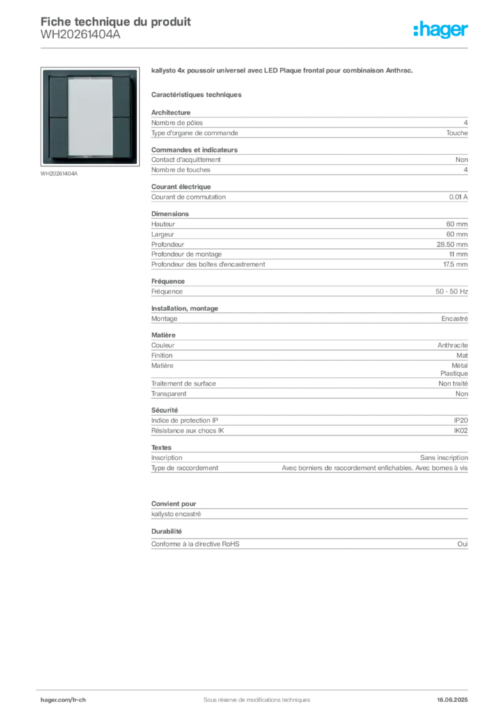 Image Hager Fiche technique du produit WH20261404A | Hager Suisse