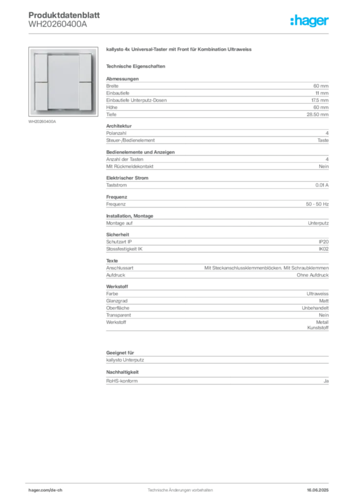Bild Hager Produktdatenblatt WH20260400A | Hager Schweiz
