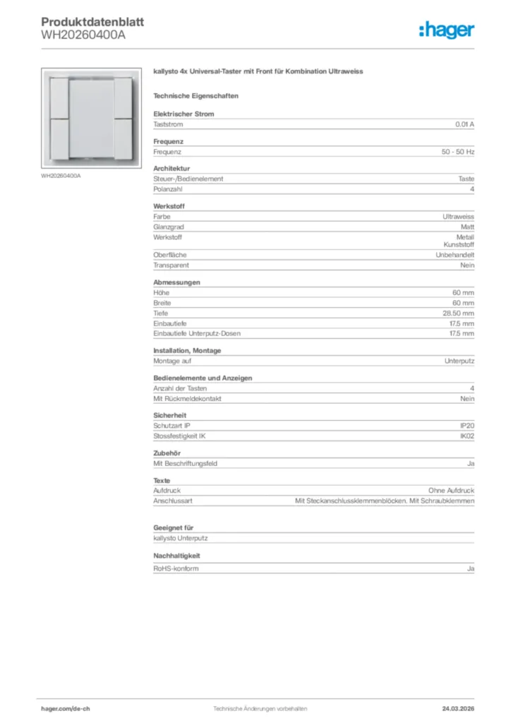Bild Hager Produktdatenblatt WH20260400A | Hager Schweiz