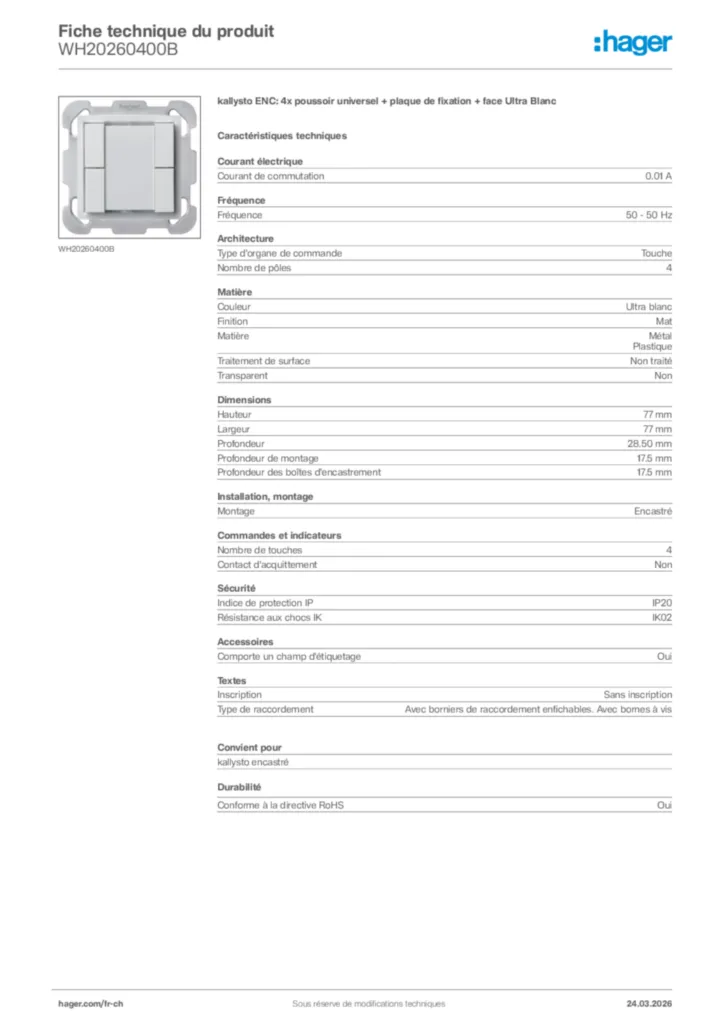 Image Hager Fiche technique du produit WH20260400B | Hager Suisse