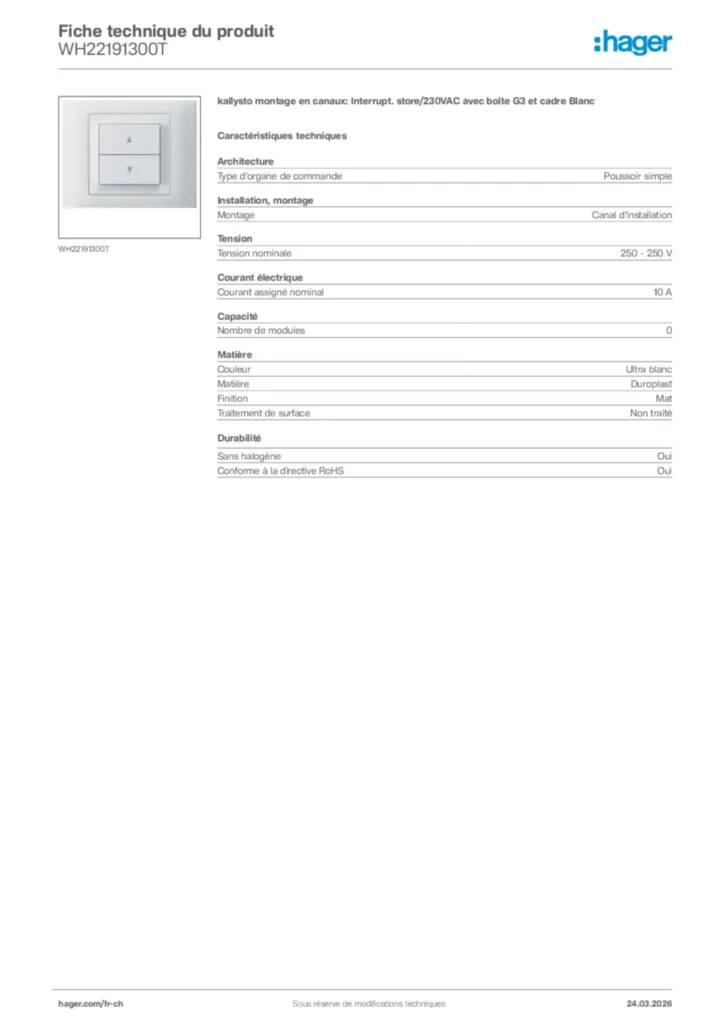 Image Hager Fiche technique du produit WH22191300T | Hager Suisse