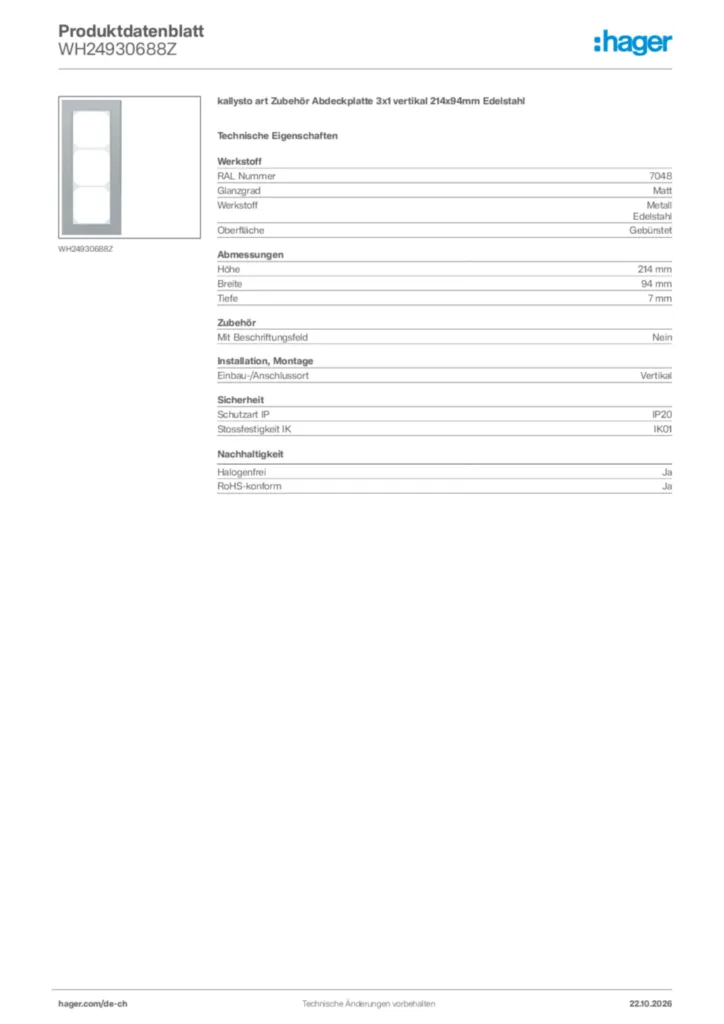 Bild Hager Produktdatenblatt WH24930688Z | Hager Schweiz