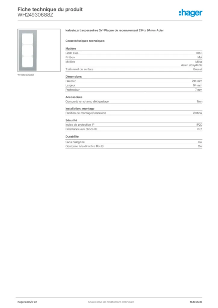 Image Hager Fiche technique du produit WH24930688Z | Hager Suisse