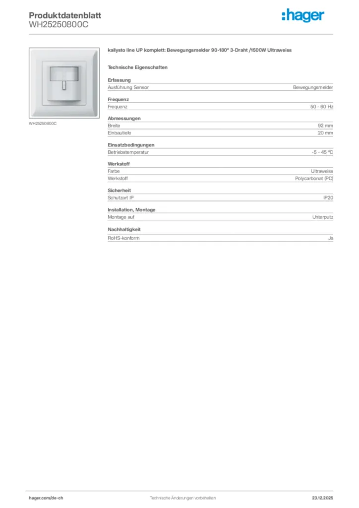 Bild Hager Produktdatenblatt WH25250800C | Hager Schweiz
