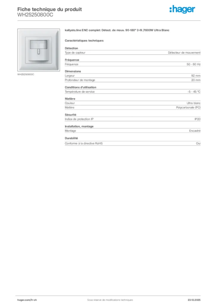 Image Hager Fiche technique du produit WH25250800C | Hager Suisse