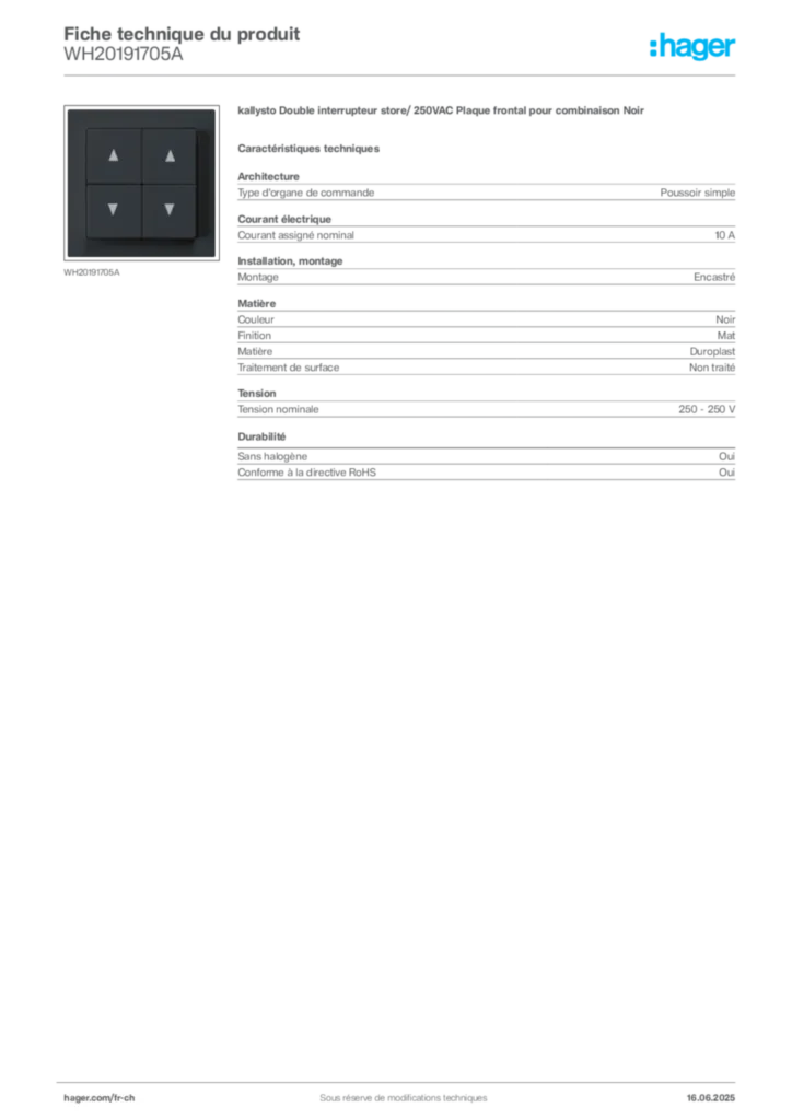 Image Hager Fiche technique du produit WH20191705A | Hager Suisse