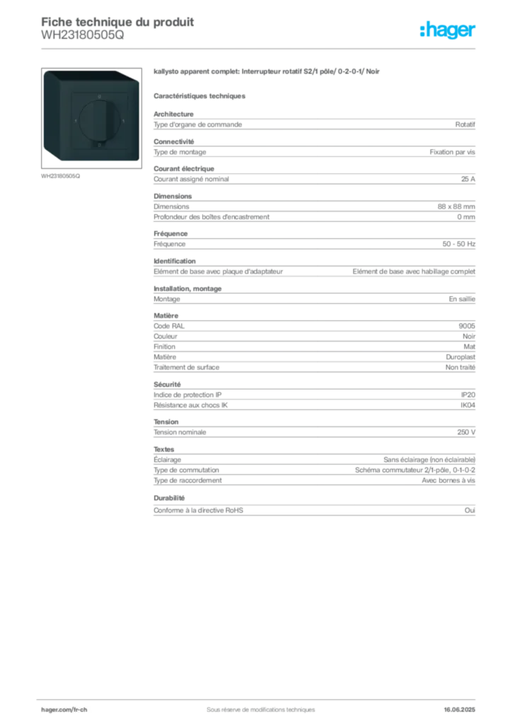 Image Hager Fiche technique du produit WH23180505Q | Hager Suisse