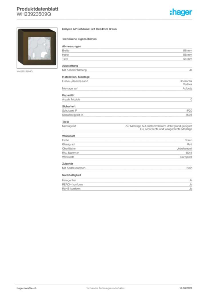Bild Hager Produktdatenblatt WH23923509Q | Hager Schweiz