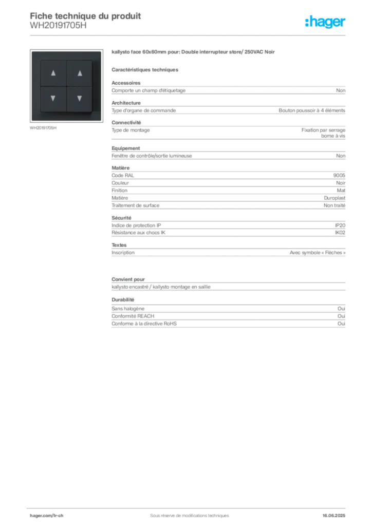 Image Hager Fiche technique du produit WH20191705H | Hager Suisse