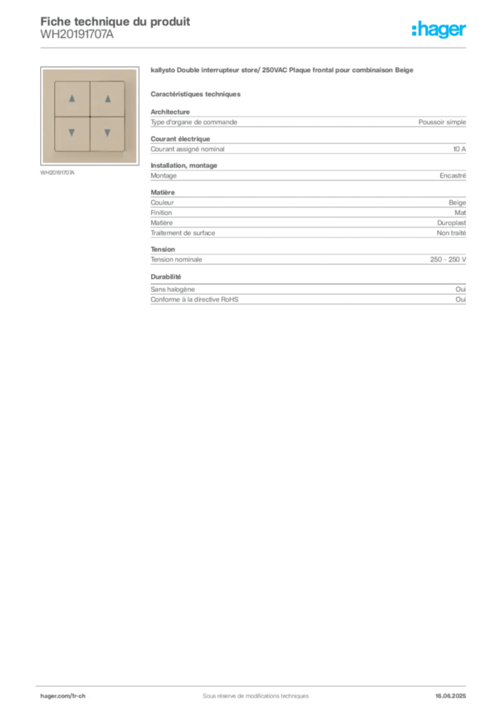 Image Hager Fiche technique du produit WH20191707A | Hager Suisse