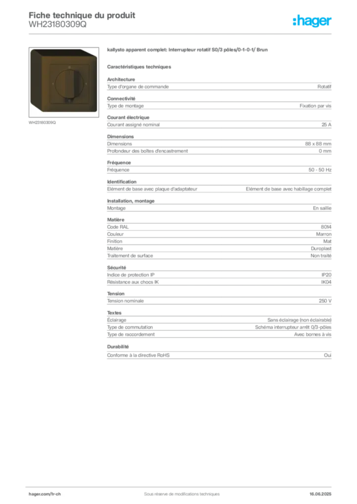 Image Hager Fiche technique du produit WH23180309Q | Hager Suisse