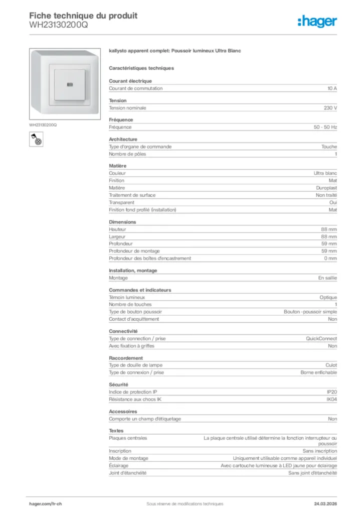 Image Hager Fiche technique du produit WH23130200Q | Hager Suisse