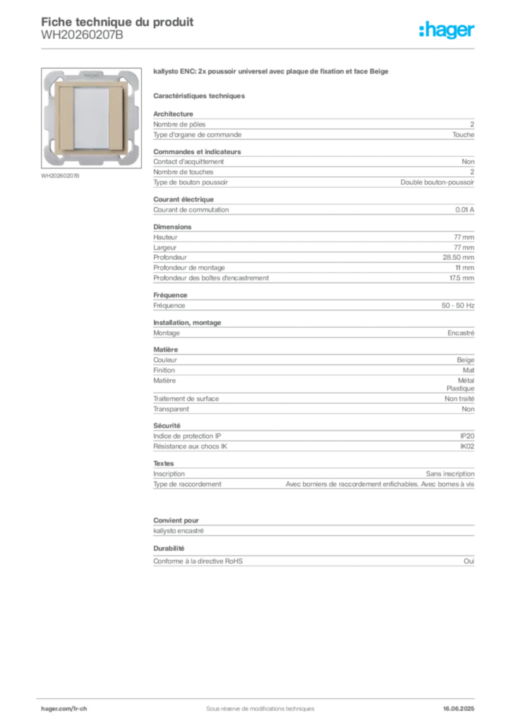 Image Hager Fiche technique du produit WH20260207B | Hager Suisse