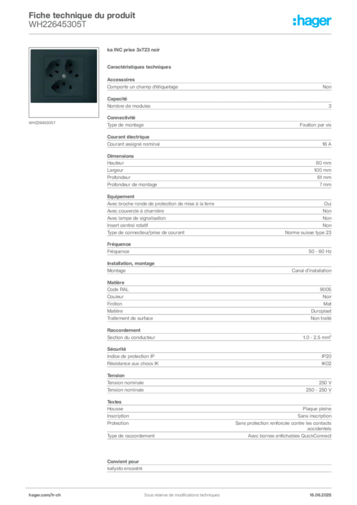 Image Hager Fiche technique du produit WH22645305T | Hager Suisse