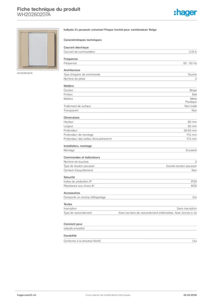 Image Hager Fiche technique du produit WH20260207A | Hager Suisse