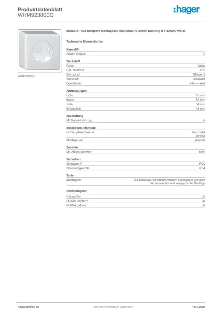 Bild Hager Produktdatenblatt WH14923800Q | Hager Schweiz