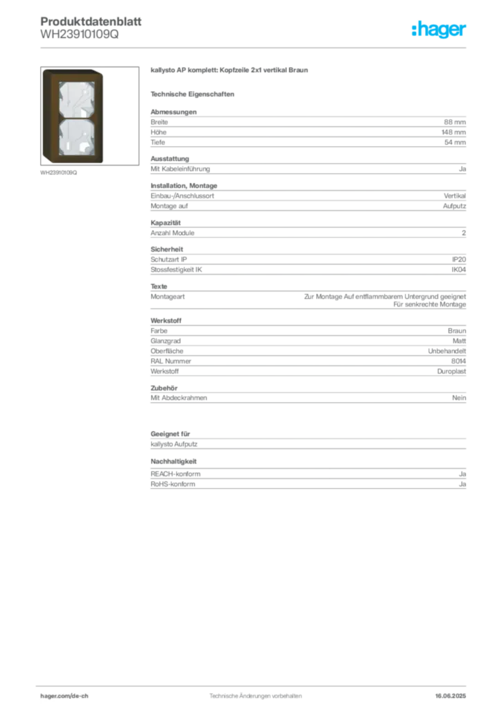 Bild Hager Produktdatenblatt WH23910109Q | Hager Schweiz