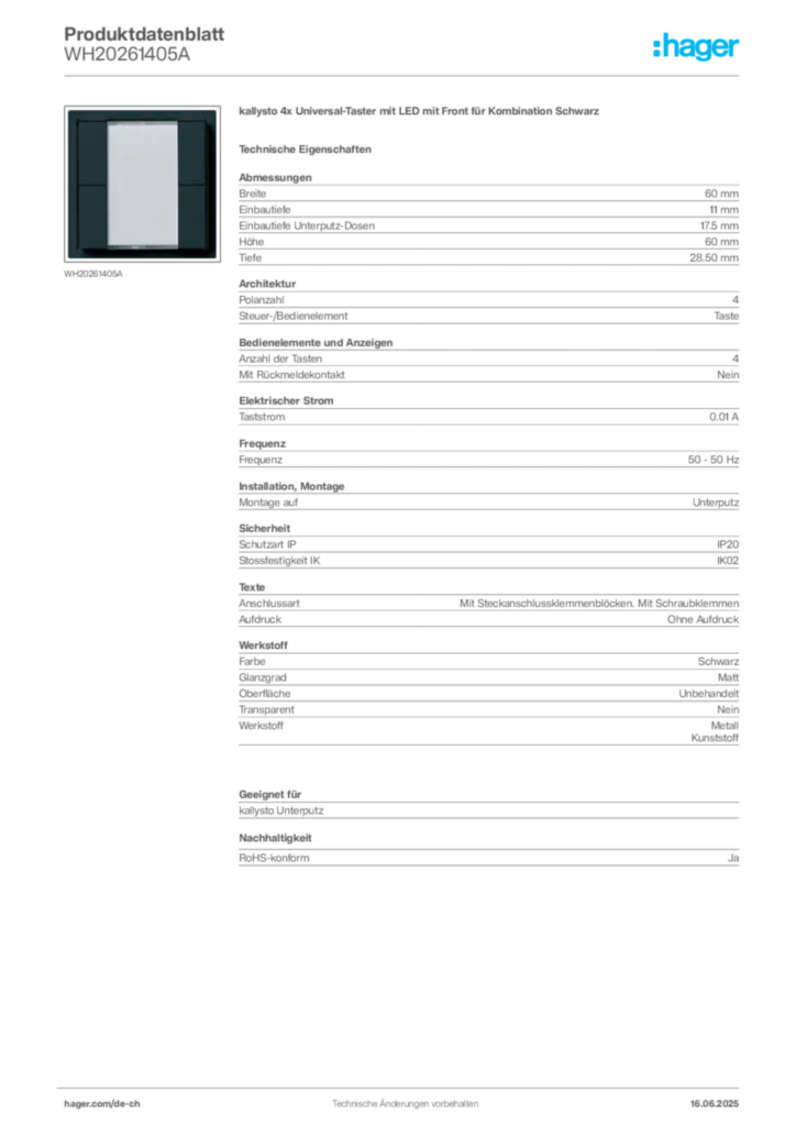 Bild Hager Produktdatenblatt WH20261405A | Hager Schweiz