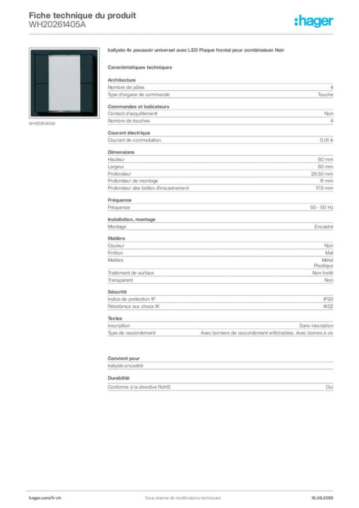 Image Hager Fiche technique du produit WH20261405A | Hager Suisse
