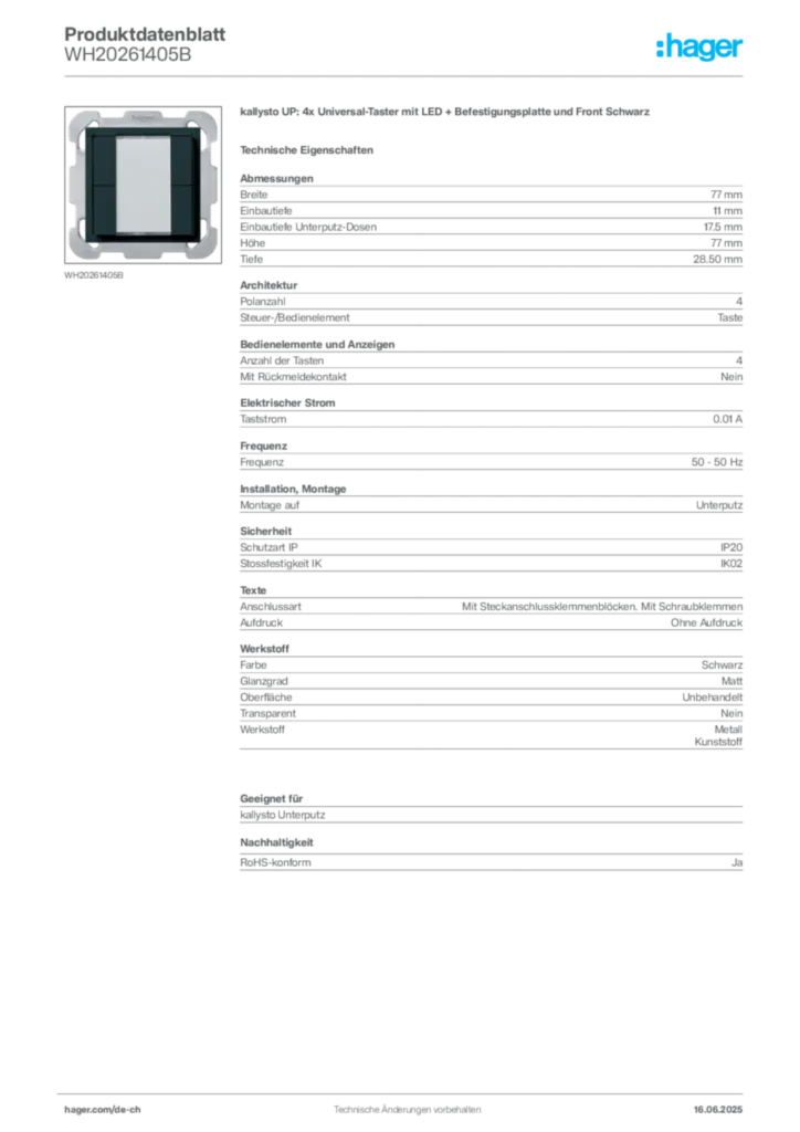 Bild Hager Produktdatenblatt WH20261405B | Hager Schweiz