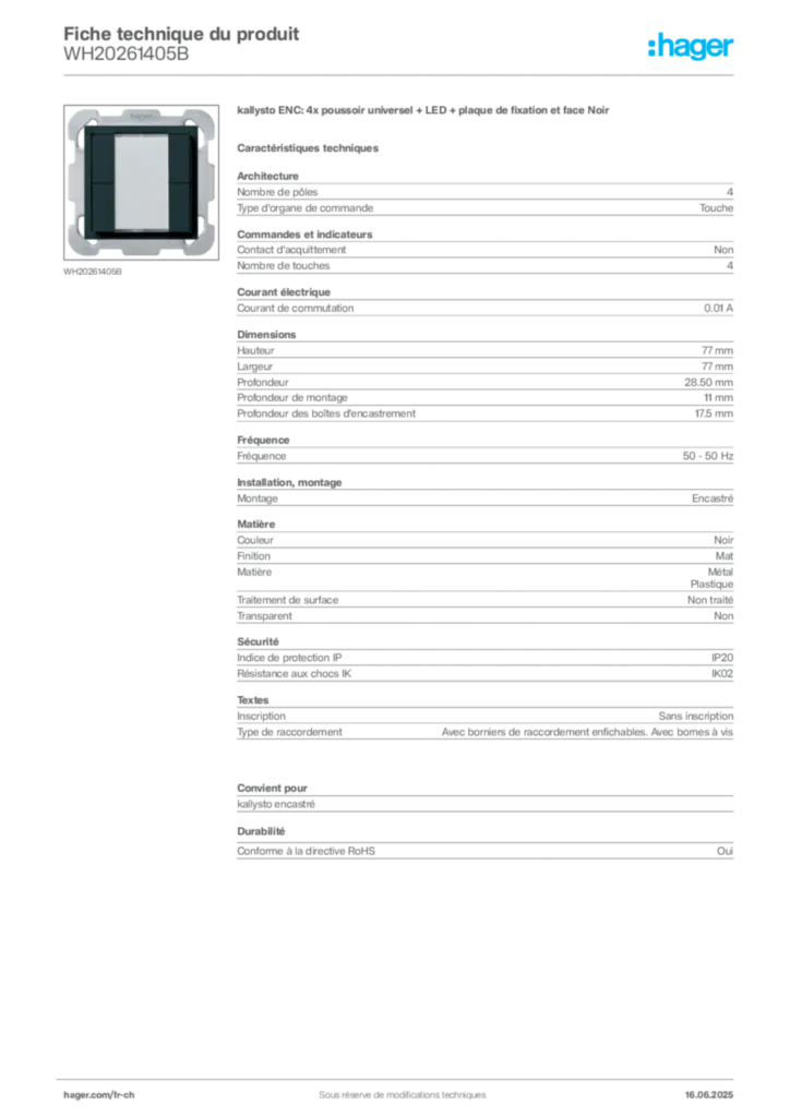 Image Hager Fiche technique du produit WH20261405B | Hager Suisse