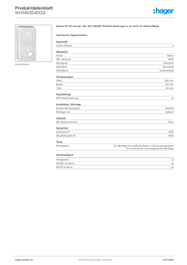 Bild Hager Produktdatenblatt WH14935400Q | Hager Schweiz