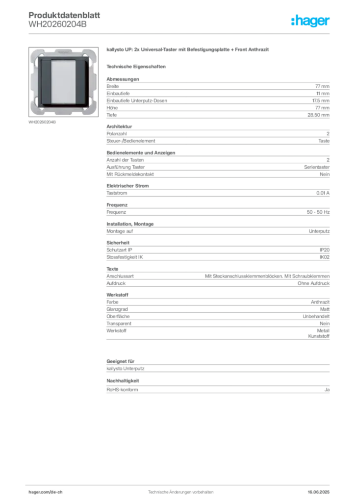 Bild Hager Produktdatenblatt WH20260204B | Hager Schweiz