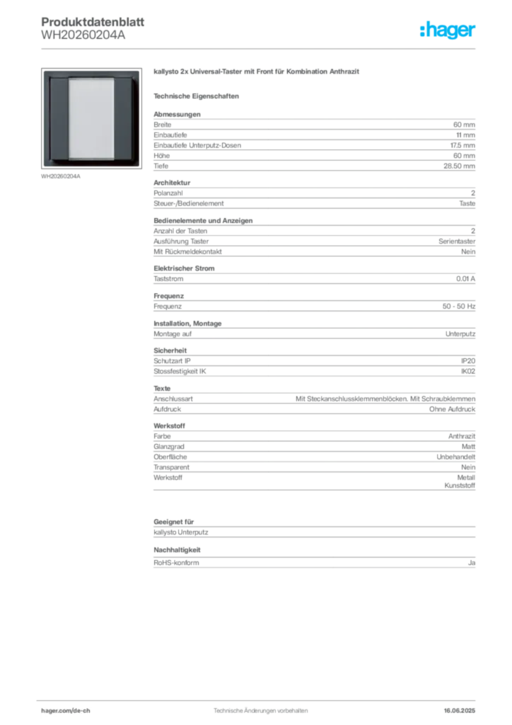 Bild Hager Produktdatenblatt WH20260204A | Hager Schweiz