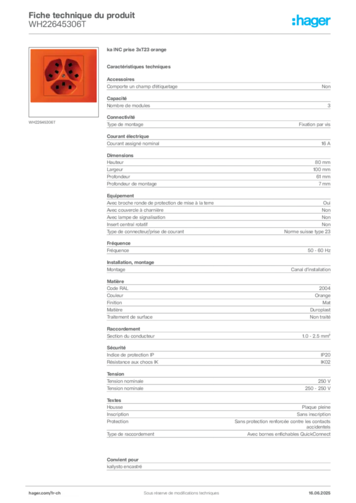 Image Hager Fiche technique du produit WH22645306T | Hager Suisse