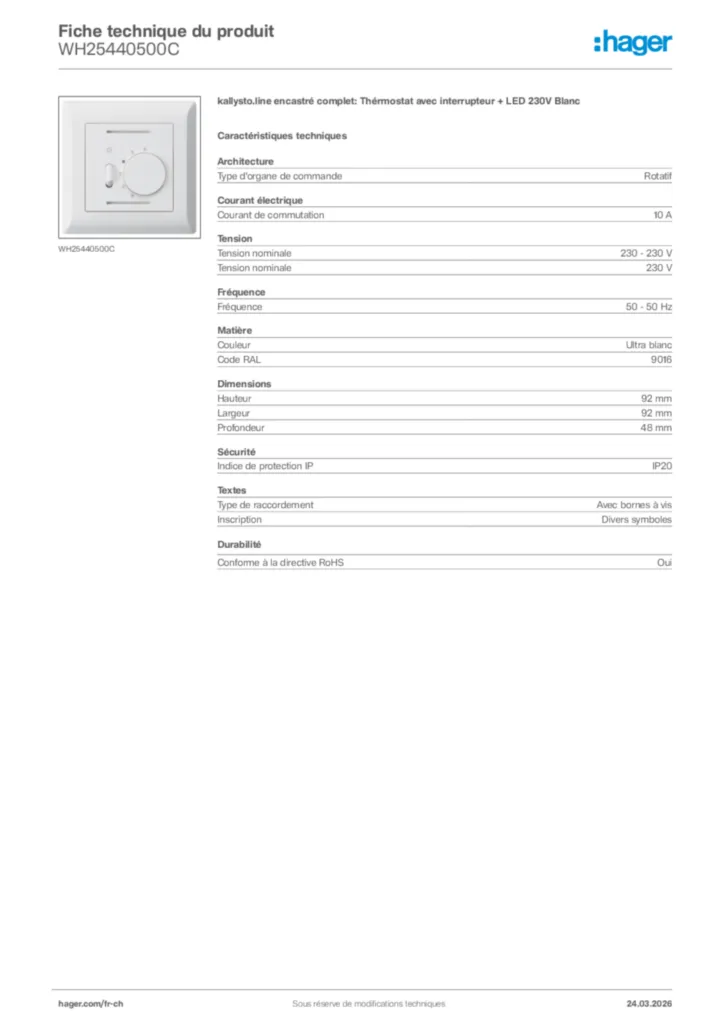 Image Hager Fiche technique du produit WH25440500C | Hager Suisse