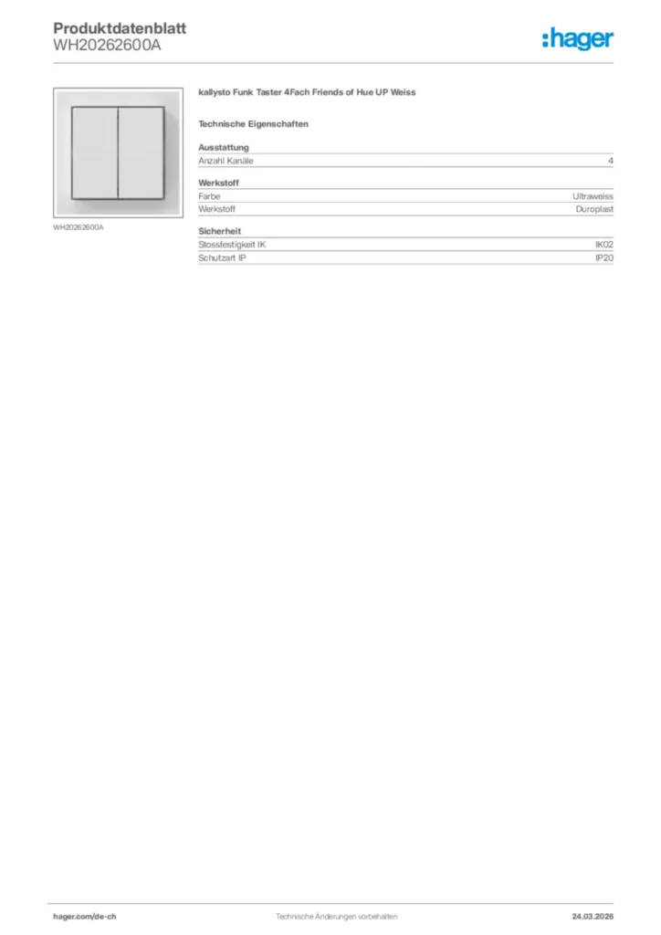 Bild Hager Produktdatenblatt WH20262600A | Hager Schweiz