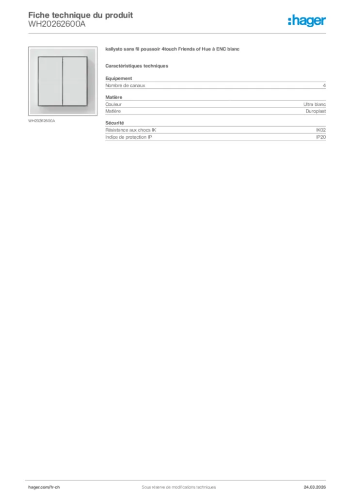 Image Hager Fiche technique du produit WH20262600A | Hager Suisse