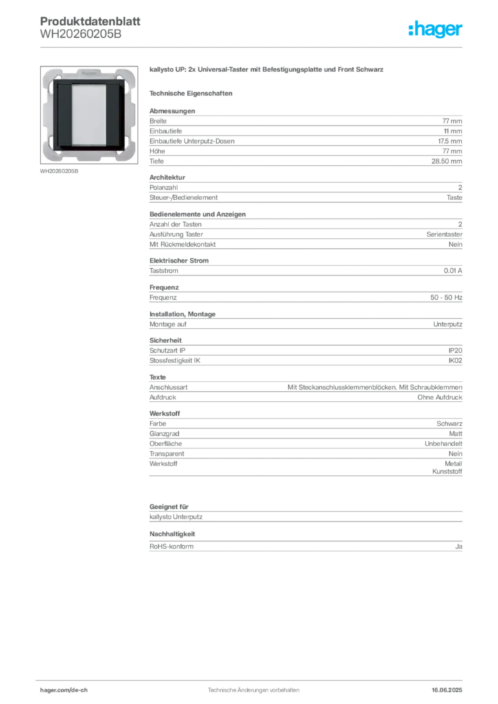 Bild Hager Produktdatenblatt WH20260205B | Hager Schweiz