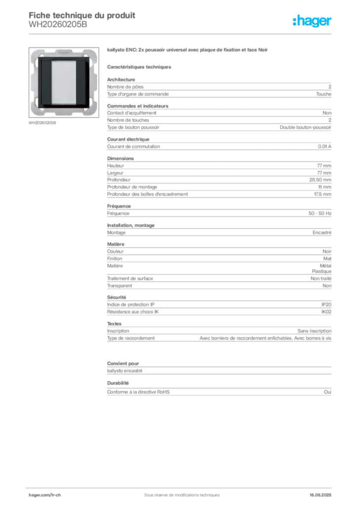 Image Hager Fiche technique du produit WH20260205B | Hager Suisse