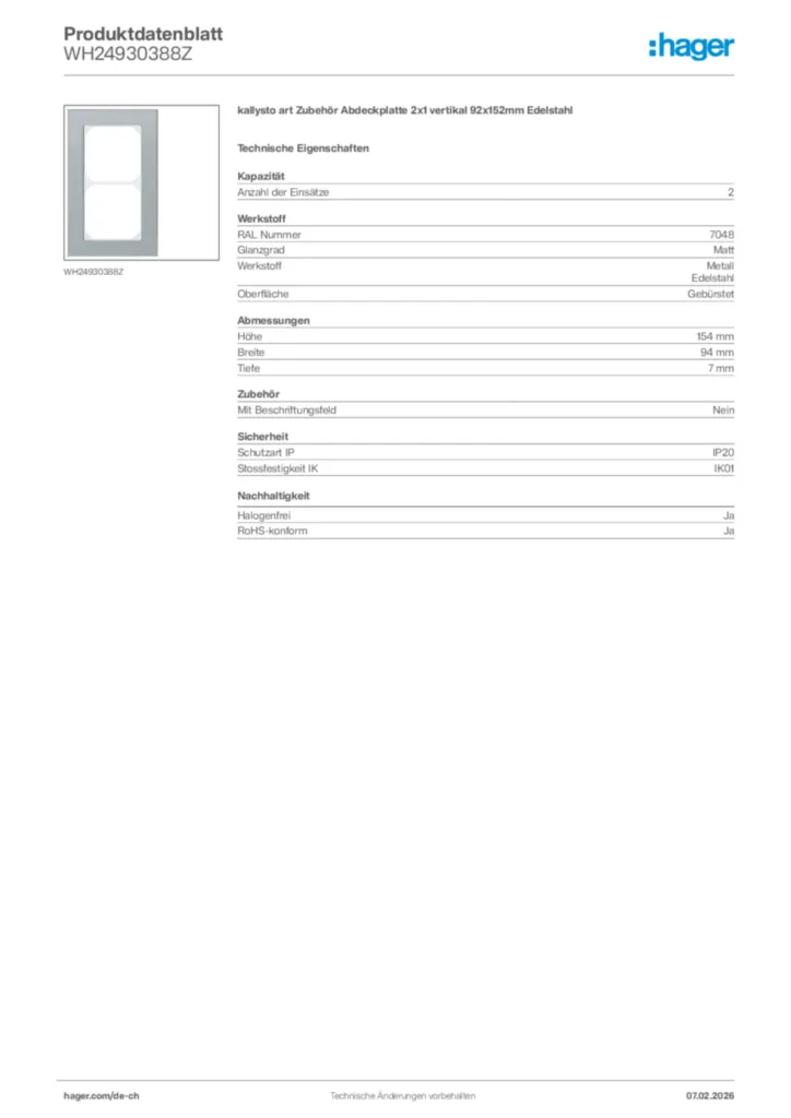 Bild Hager Produktdatenblatt WH24930388Z | Hager Schweiz