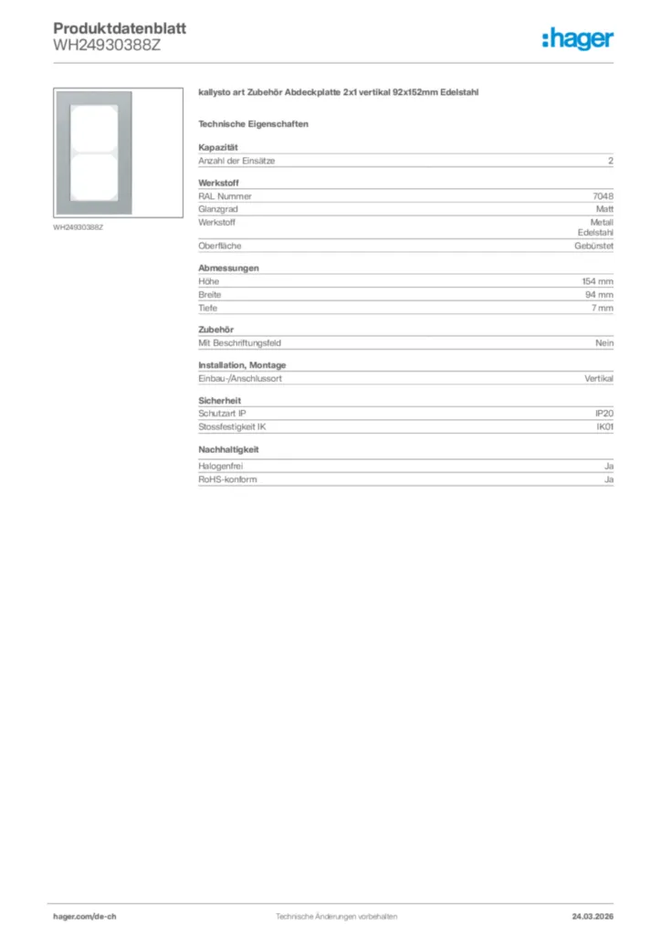 Bild Hager Produktdatenblatt WH24930388Z | Hager Schweiz