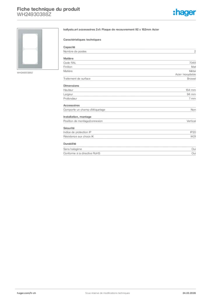 Image Hager Fiche technique du produit WH24930388Z | Hager Suisse