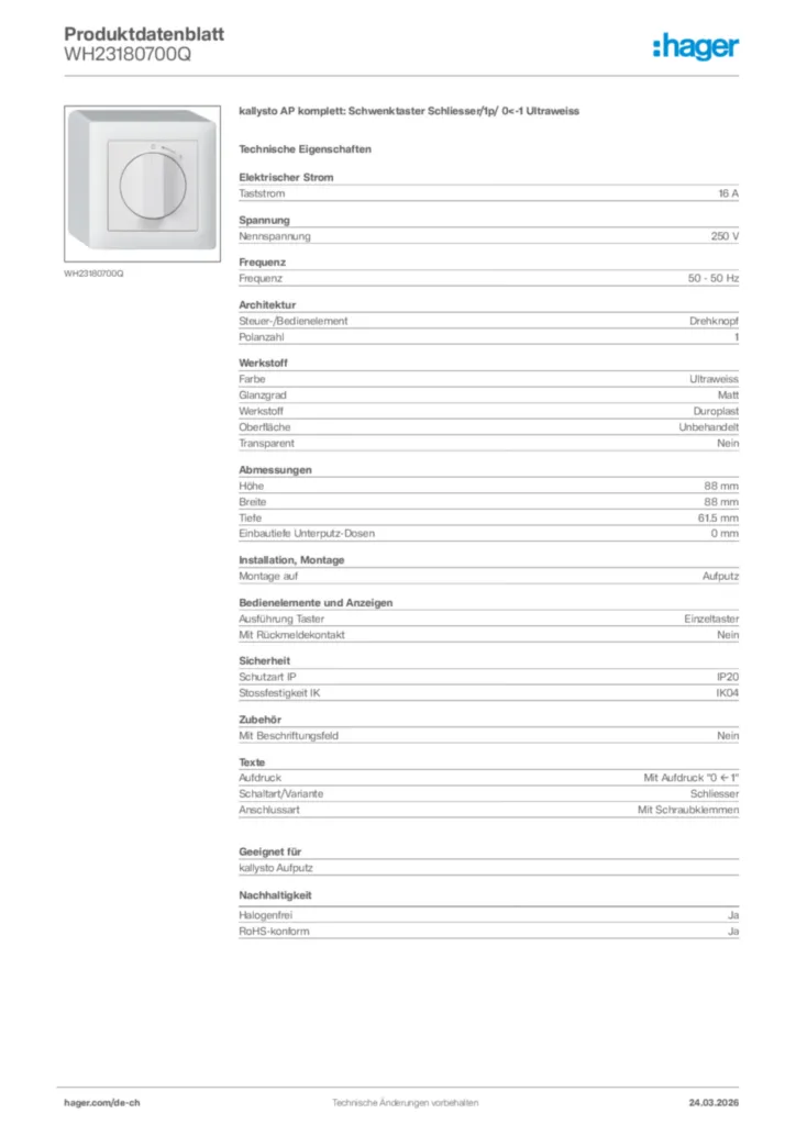 Bild Hager Produktdatenblatt WH23180700Q | Hager Schweiz