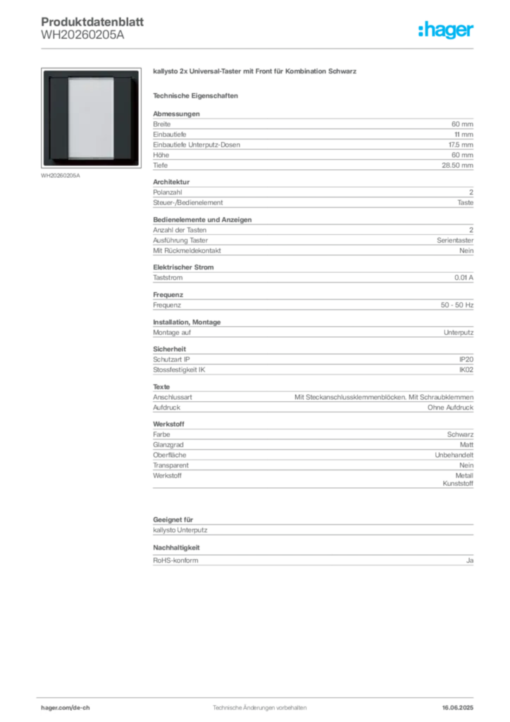 Bild Hager Produktdatenblatt WH20260205A | Hager Schweiz