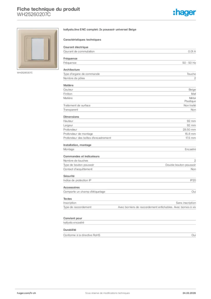 Image Hager Fiche technique du produit WH25260207C | Hager Suisse