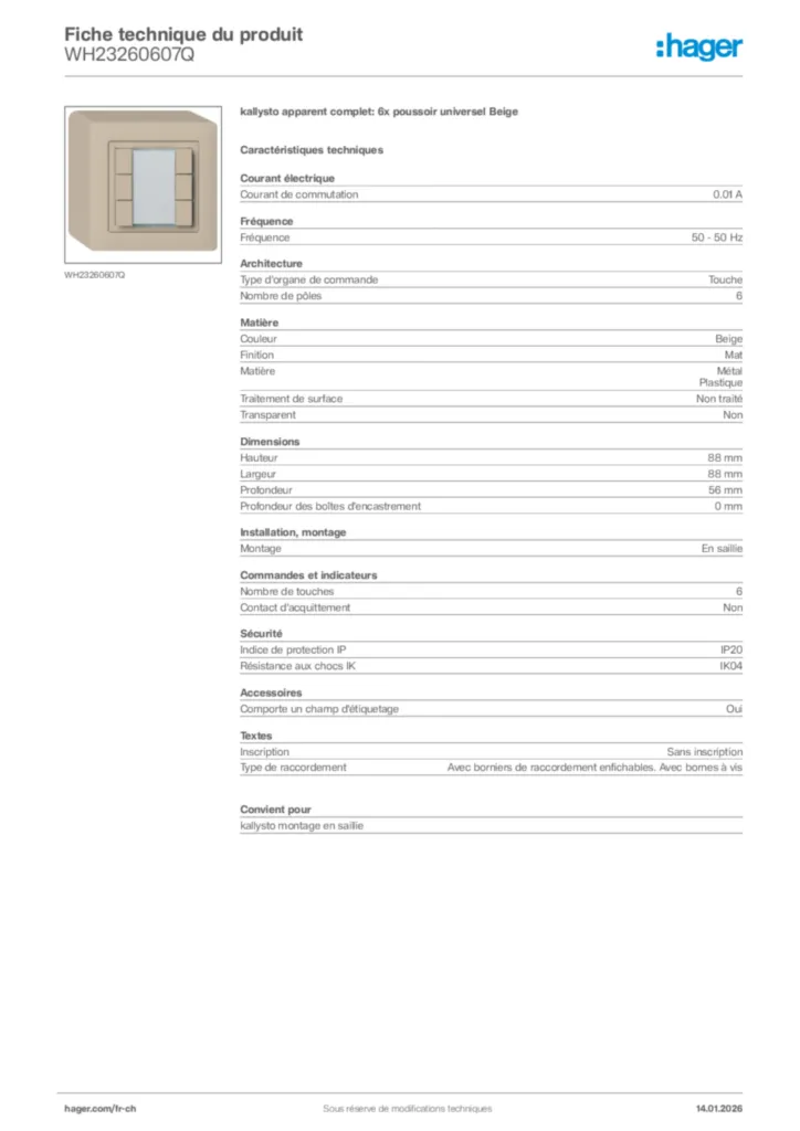 Image Hager Fiche technique du produit WH23260607Q | Hager Suisse