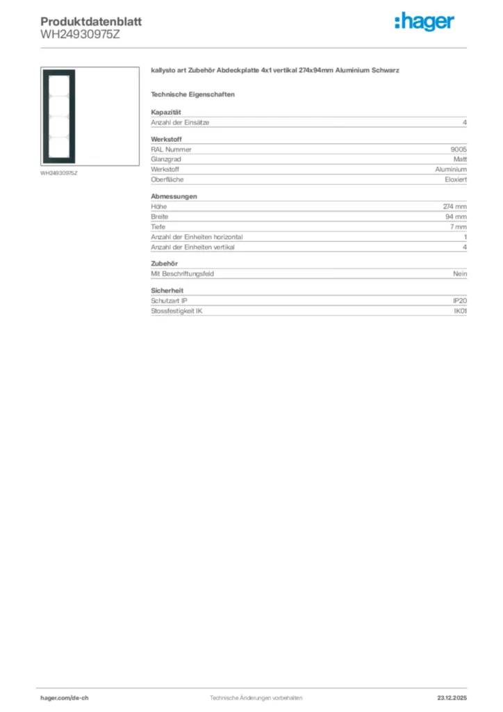 Bild Hager Produktdatenblatt WH24930975Z | Hager Schweiz