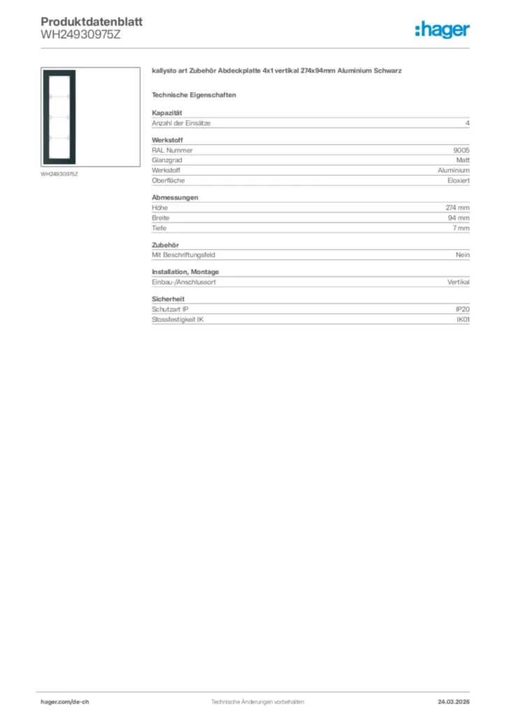 Bild Hager Produktdatenblatt WH24930975Z | Hager Schweiz