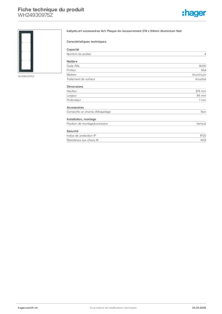 Image Hager Fiche technique du produit WH24930975Z | Hager Suisse