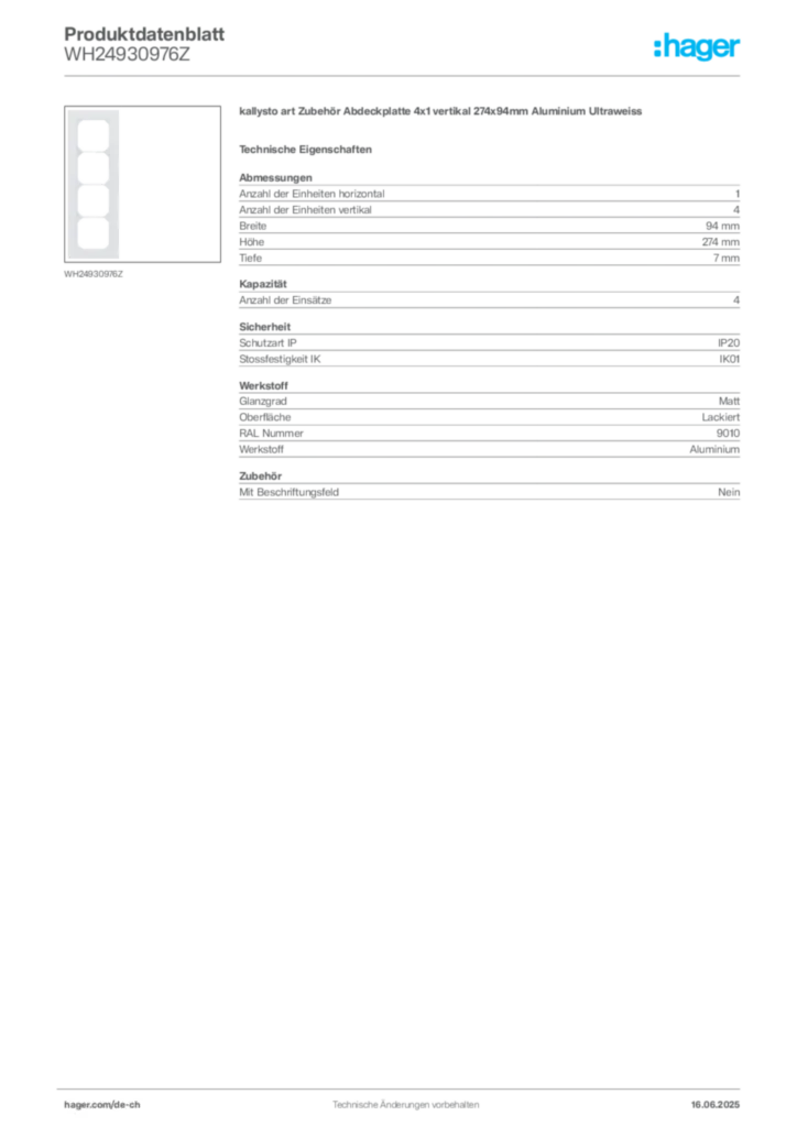 Bild Hager Produktdatenblatt WH24930976Z | Hager Schweiz