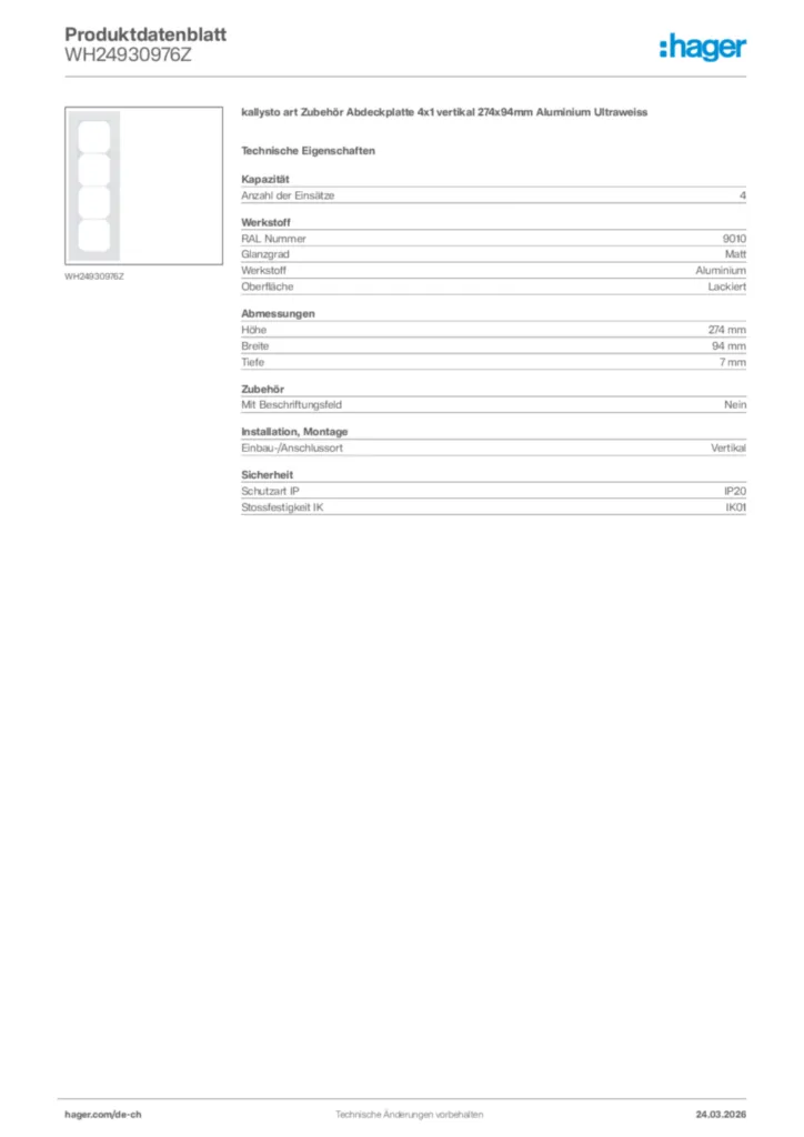 Bild Hager Produktdatenblatt WH24930976Z | Hager Schweiz