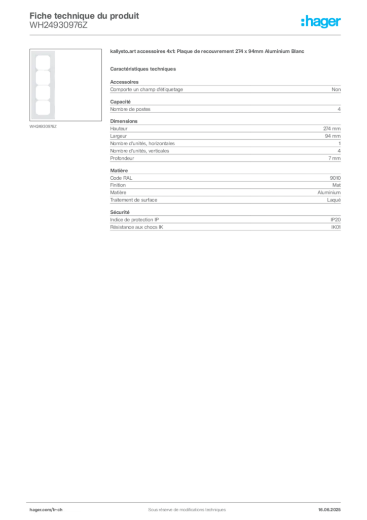 Image Hager Fiche technique du produit WH24930976Z | Hager Suisse