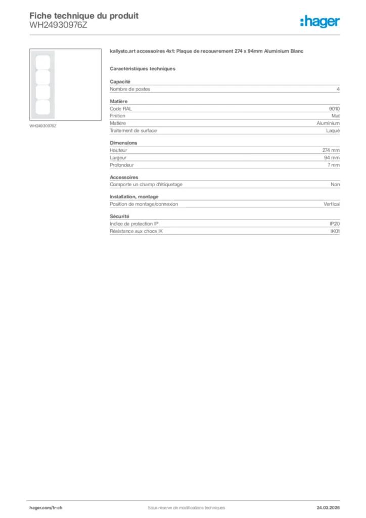 Image Hager Fiche technique du produit WH24930976Z | Hager Suisse