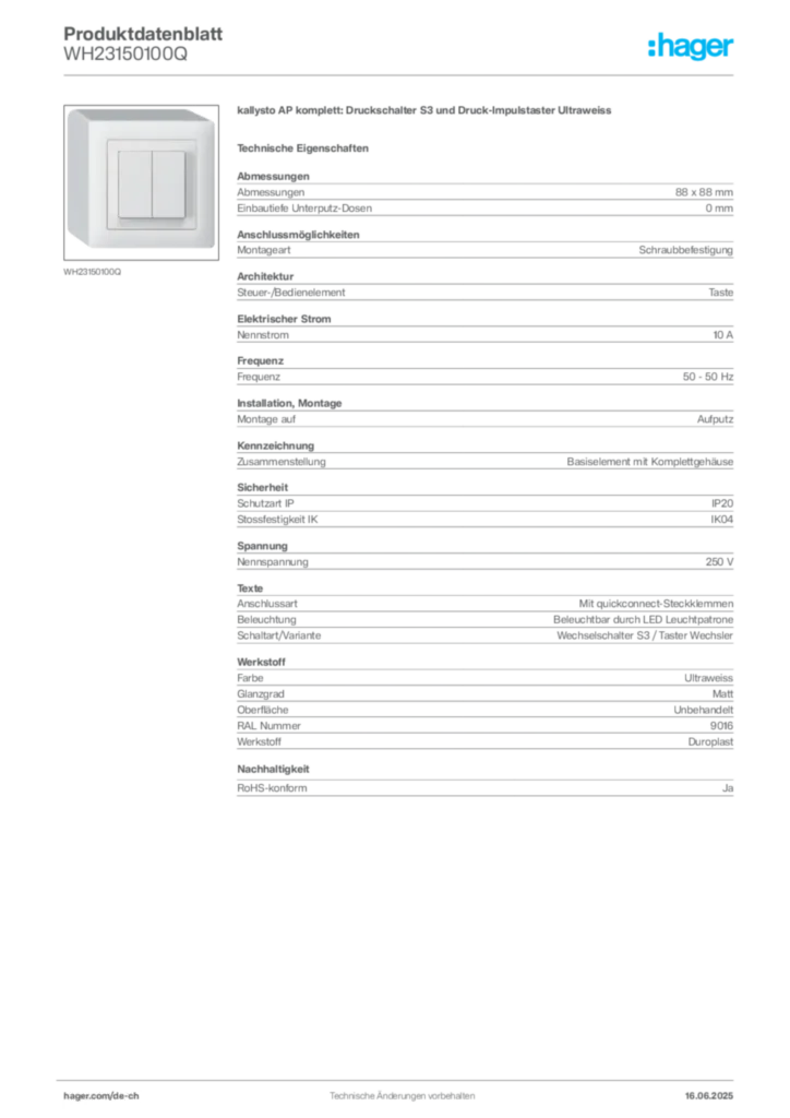 Bild Hager Produktdatenblatt WH23150100Q | Hager Schweiz
