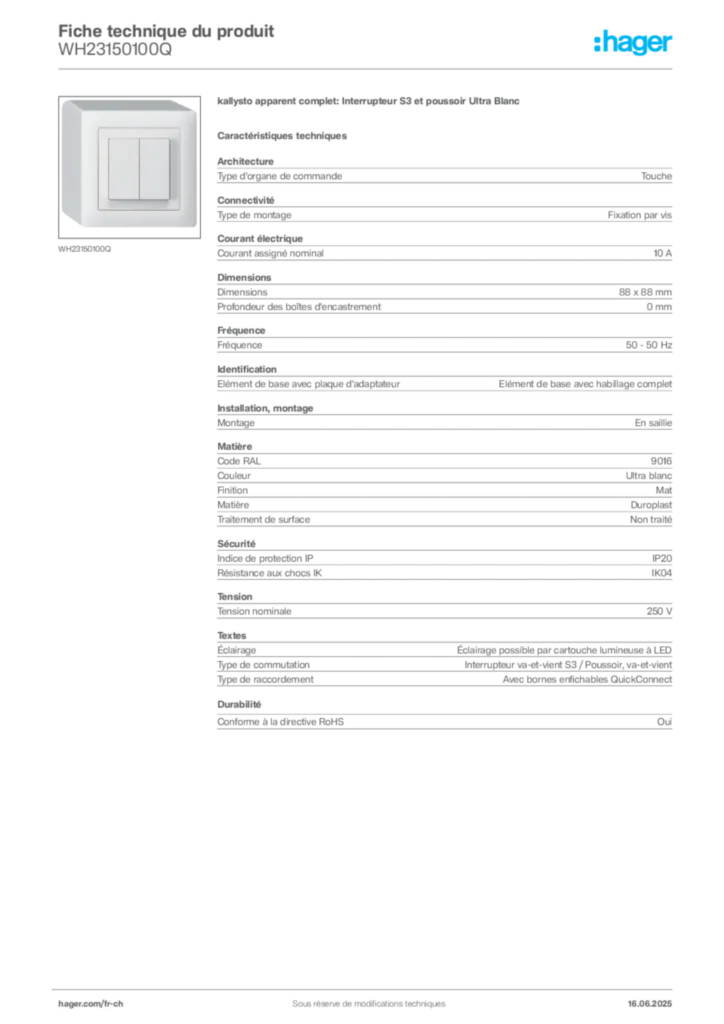Image Hager Fiche technique du produit WH23150100Q | Hager Suisse